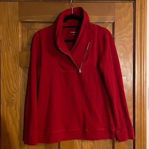 NWOT-red patterned cowl neck with 1/4 zip